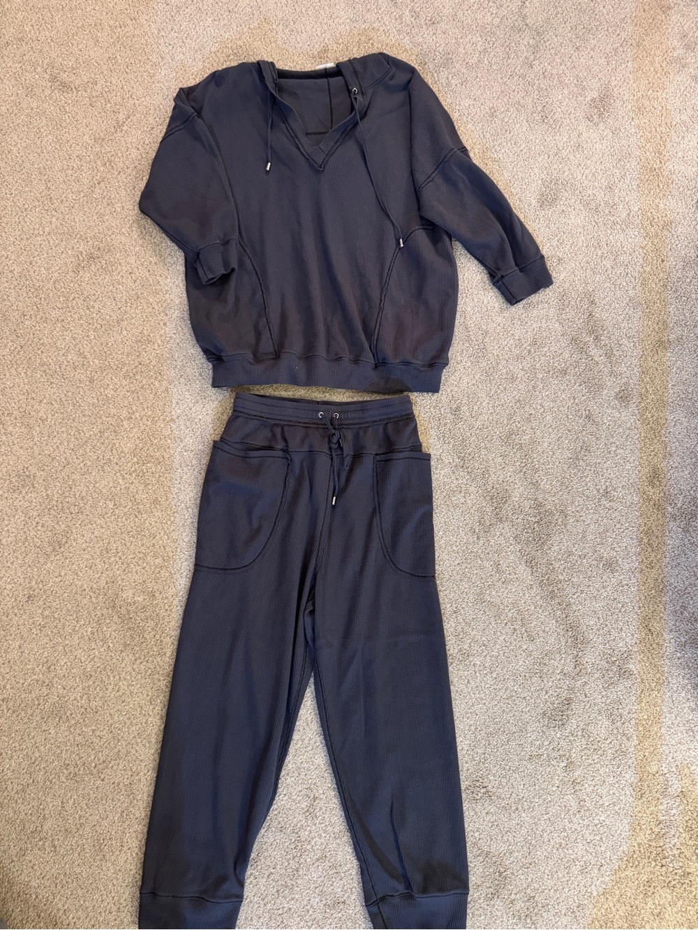 Free People Gray Thermal Waffle Knit Hoodie + Jogger Lounge Size S & XS Cozy